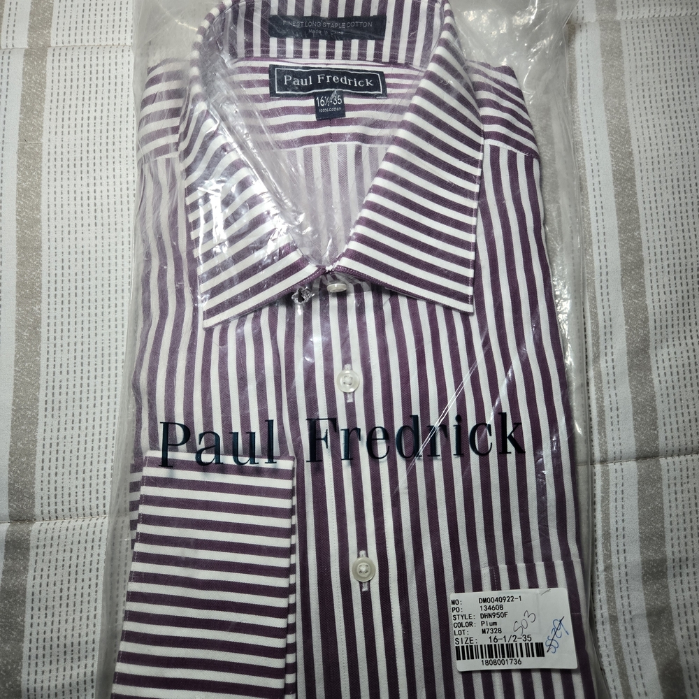 Paul Fredrick Men's Burgundy Striped Dress Shirt